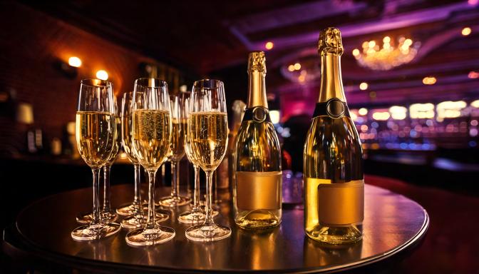 高級クラブバーのシャンパンボトルとグラス